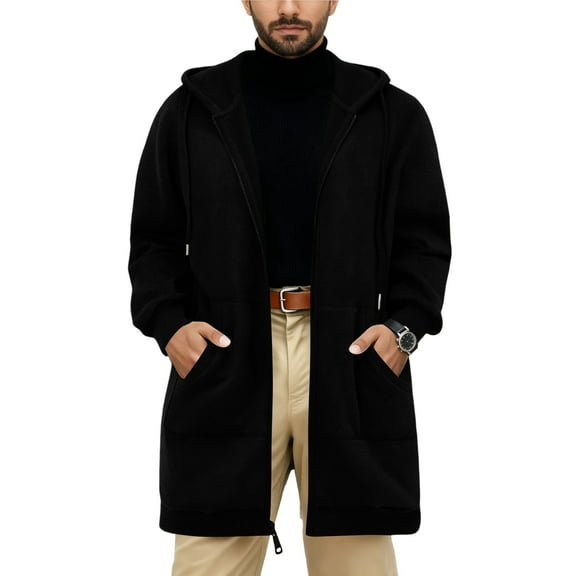 Kixjoy Mens Fuzzy Fleece Hooded Jacket Full Zip Long Sleeve Fleece Jackets Thermal Sherpa Winter Hoodies Outwear Plain Big and Tall Coats for Men with Pockets, Black M