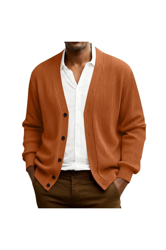Mens Knit Sweater V Neck Button Down Oversized Ribbed Knitted Sweater Fashion Long Sleeve Fall Jackets Casual Soild Lightweight Sweaters for Men, Orange 2XL