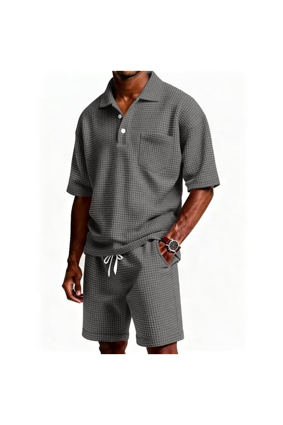 Mens Short Sets 2 Piece Outfits Short Sleeve Big and Tall Button Collared Shirt and Shorts Set Casual Waffle Sports Outfits for Men, Gray M