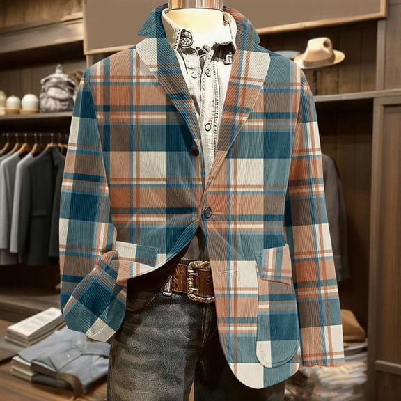 Kixjoy Mens Suit Jacket Big and Tall Long Sleeve Button Down Blazer Casual Slim Fit Lightweight Coat Plaid Winter Fashion Jackets for Men with Pockets, Khaki 2XL