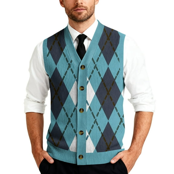 Kixjoy Mens Sweater Vest Casual Knitted Sleeveless Pullover Tops Formal Plaid Ribbed V Neck Sweaters Loose Fit Going Out Fall Winter Vest Top, Blue 2XL
