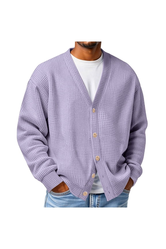 Mens Waffle Cardigan Sweater V Neck Button Down Long Sleeve Waffle Knitted Sweater Oversized Casual Textured Jackets Fashion Basic Open Front Sweaters for Men, Purple S