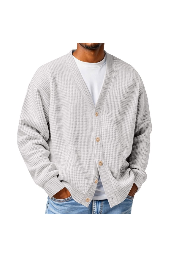 Mens Waffle Cardigan Sweater V Neck Button Down Waffle Knitted Sweater Textured Long Sleeve Oversized Basic Jacket Casual Open Front Mens Sweater, White 3XL