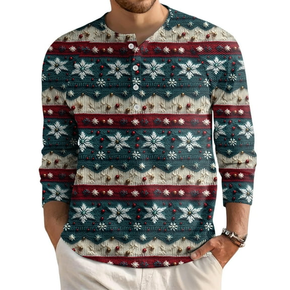 Kixjoy Mens Waffle Long Sleeve Shirt Oversized Loose Fit Henley Shirt Fashion Thermal Button Down Tee Christmas Casual Lightweight Mens Pullover, Navy L