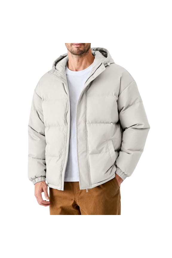 Mens Winter Coats Fleece Lined Zip Up Hooded Coat Outdoor Casual Oversized Quilted Jacket Winter Warm Heavyweight Jackets for Men with Pockets, White 5XL