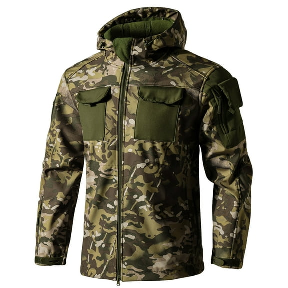 Kixjoy Mens Winter Jacket Big and Tall Waterproof Hooded Jackets Long Sleeve Zip Up Winter Coat Warm Hiking Camo Mens Windbreaker with Pockets, Camouflage M