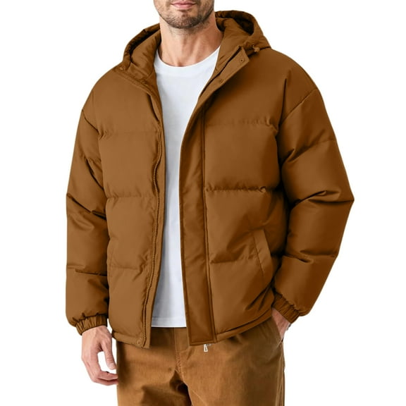 Kixjoy Mens Winter Jacket Fleece Lined Big and Tall Hooded Coat Work Fashion Zip Up Quilted Jacket Warm Heavyweight Fall Jackets for Men with Pockets, Light Brown 4XL