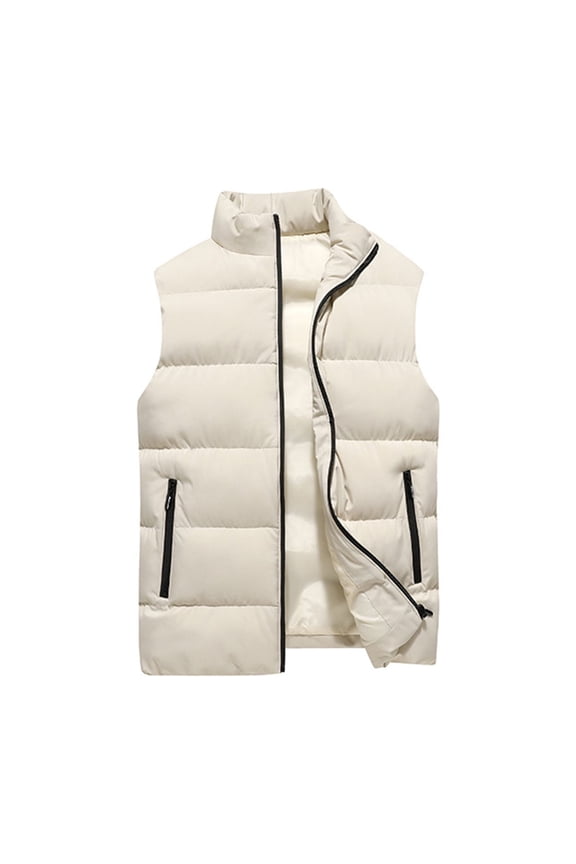 Mens Winter Vest Fashion Zip Up Stand Collar Vest Winter Fleece Outdoor Jackets Coats Thermal Sleeveless Heavy Mens Vests with Pockets, Beige L