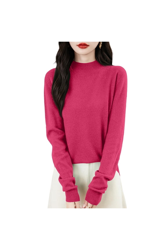 Mock Turtleneck Sweaters for Women Long Sleeve Lightweight Cotton Knit Sweater Thermal Casual Winter Tops Basic Soft Loose Fit Blouses for Women, Hot Pink M