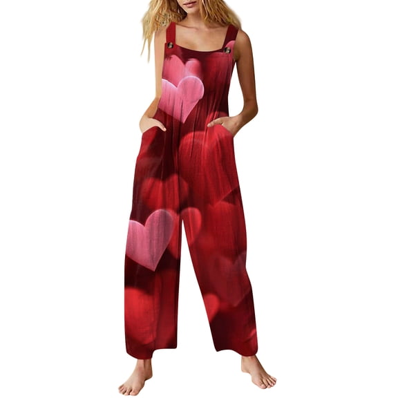 Kixjoy One Piece Jumpsuits for Women Fashion Oversized Linen Jumpsuits Adjustable Strap Holiday Baggy Pant Valentines Casual Jumpsuit for Women with Pockets, Deep Red XXL