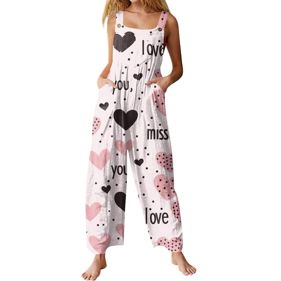 Kixjoy One Piece Jumpsuits for Women Fashion Oversized Wide Leg Jumpsuits Valentine's Day Fall Baggy Pant Heart Print Casual Overalls for Women with Pockets, Purple Pink L