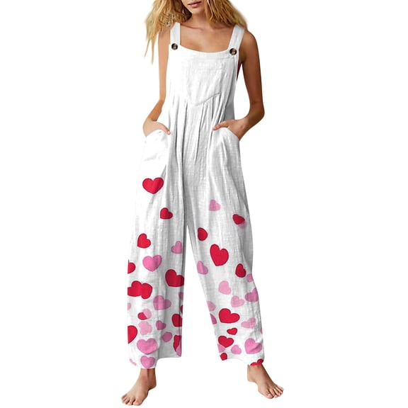 Kixjoy One Piece Jumpsuits for Women Oversized Casual Linen Jumpsuits Valentines Adjustable Strap Baggy Pants Fashion Fall Womens Overalls with Pockets, White M