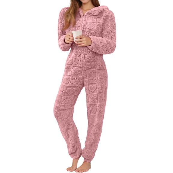 Kixjoy Onesie Pajamas for Women Long Sleeve Zip Up Fuzzy Pajamas Thermal Fleece Fall Jumpsuit Casual Basic Hooded Womens Jumpsuit, Pink XL