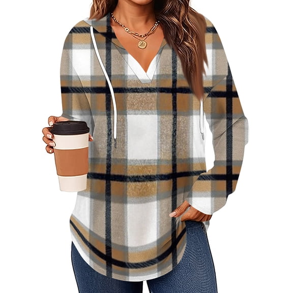 Kixjoy Orange Hoodie Women Trendy Drawstring Long Sleeve Hoodies Lounge Plaid V Neck Sweatshirt Cozy Baggy Winter Womens Hoodies, Orange S