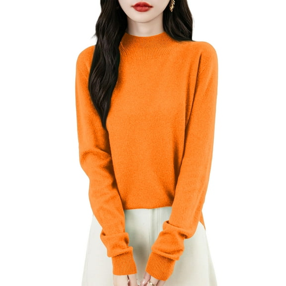 Kixjoy Orange Knit Sweater for Women Mock Turtleneck Fleece Long Sleeve Sweaters Casual Thermal Lightweight Winter Tops Soild Soft Loose Fit Fall Outfits for Women 2025, Orange M