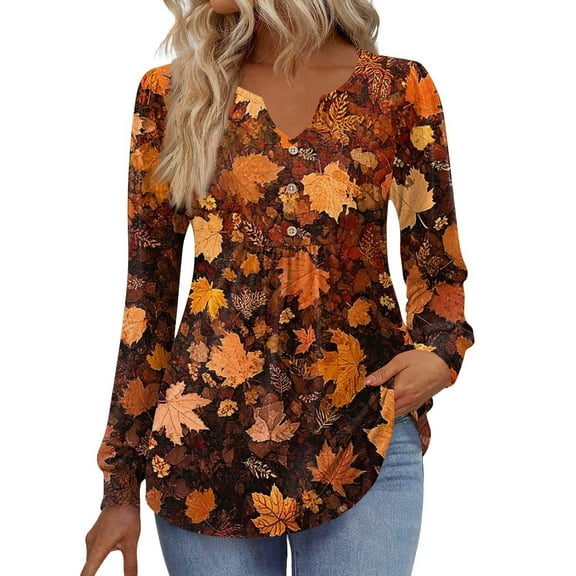 Kixjoy Orange Long Sleeve Shirts for Women V Neck Plus Size Button Down Shirts Casual Fall Lightweight Tunic Top Trendy Travel Floral Print Women's Clothing, Orange L
