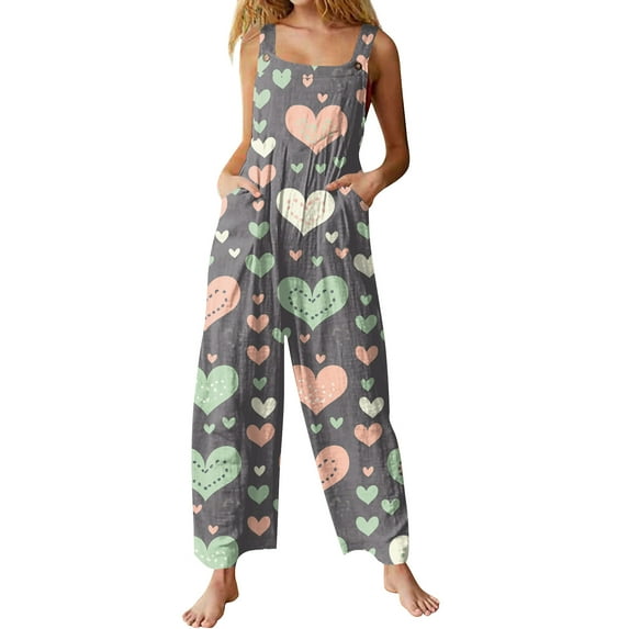 Kixjoy Overalls for Women Fashion Oversized Wide Leg Jumpsuits Valentine's Day Fall Loose Fit Pant Heart Print Casual Womens Overalls with Pockets, Gray 3XL