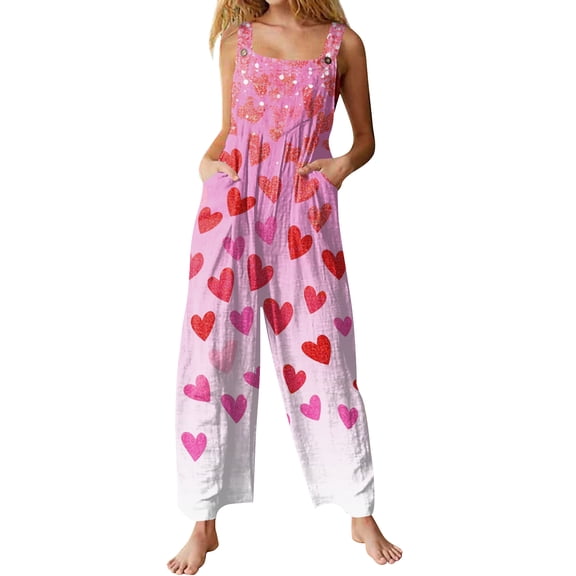 Kixjoy Overalls for Women Plus Size Fashion Wide Leg Jumpsuit Heart Print Valentine's Day Baggy Pants Casual Winter Overalls for Women with Pockets, Purple Pink L