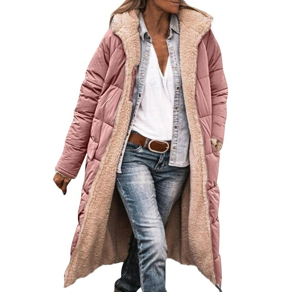 Kixjoy Pink Fleece Jacket Women Long Length Sleeve Thick Oversized Puffer Jackets Fall Fashion Zip Up Fleece Coat Heavyweight Hooded Sherpa Lined Jacket with Pockets, Pink 2XL