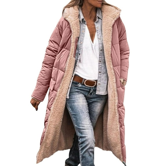 Kixjoy Pink Fleece Jacket Women Long Sleeve Thick Fall Puffer Jacket Plush Zip Up Plus Size Coats Trendy Heavyweight Hooded Jackets with Pockets, Pink S