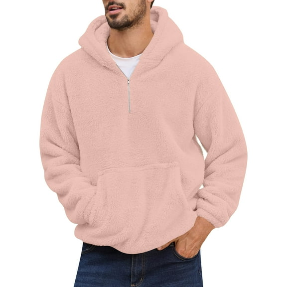 Kixjoy Pink Hoodies for Men Oversized Quarter Zip Fleece Hoodies Flannel Fall Hooded Sweatshirt Long Sleeve Fashion Warm Sweatshirts for Men with Pockets Pink XL