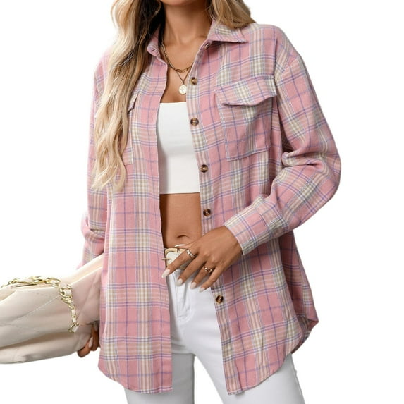 Kixjoy Pink Plaid Shirts for Women Long Sleeve Button Down Flannel Shirt Plus Size Fashion Fall Top Casual Lightweight Womens Blouses with Pockets, Pink XXL