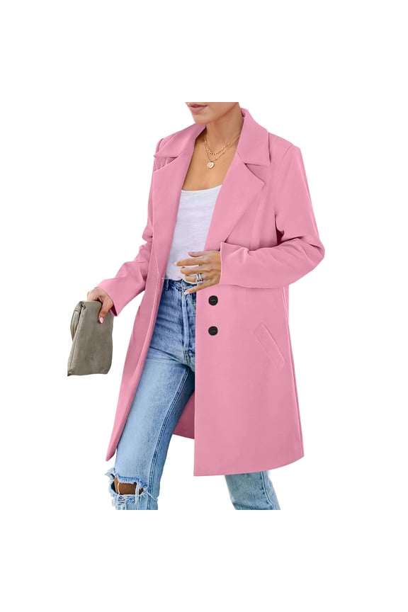 Pink Trench Coat Women Oversized Button Down Fall Overcoat Long Sleeve Notched Collar Fleece Jacket Warm Casual Basic Womens Jacket with Pockets, Hot Pink XL