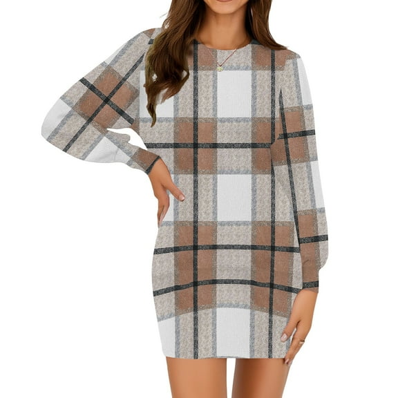Kixjoy Plaid Dresses for Women Long Sleeve Winter Sweater Dresses Ribbed Casual Crewneck Plaid Dresses Thermal Silm Fit Fall Outfits for Women, Light Brown S