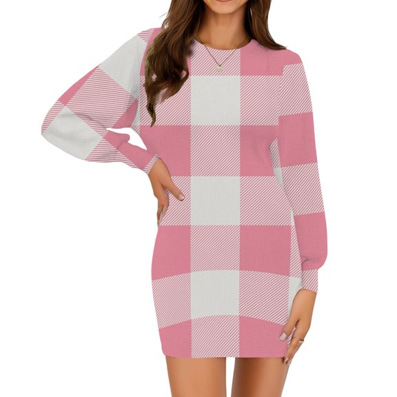 Kixjoy Plaid Dresses for Women Long Sleeve Fall Sweater Dress Ribbed Fashion Crew Neck Plaid Dress Warm Silm Fit Fall Outfits for Women, Pink XXL