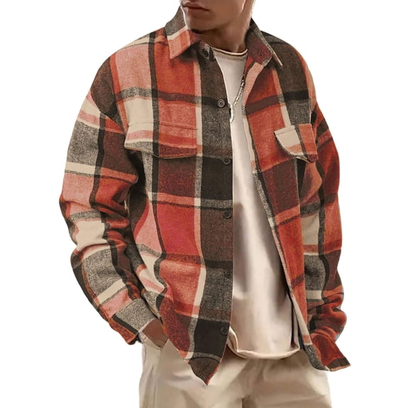 Kixjoy Plaid Jacket for Men Casual Long Sleeve Fleece Jacket Thermal Baggy Winter Coat Vintage Fashion Lightweight Mens Cardigan, Red 2XL