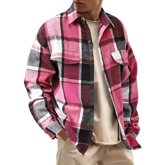 Kixjoy Plaid Jacket for Men Long Sleeve Vintage Cotton Jacket Warm Fashion Fall Coats Casual Baggy Lightweight Cardigans for Men Trendy, Hot Pink M