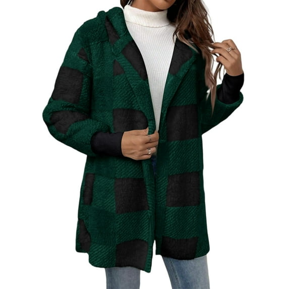 Kixjoy Plaid Jacket for Woman Long Sleeve Fuzzy Fleece Jackets Thermal Casual Winter Coat Fashion Loose Lightweight Cardigans for Women 2025, Green S