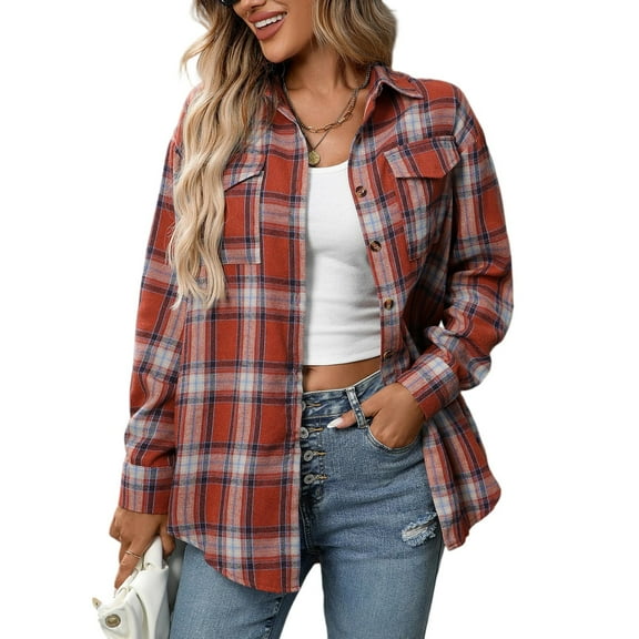 Kixjoy Plaid Shirts for Women Button Down Long Sleeve Flannel Shirt Winter Fashion Oversized Top Lightweight Casual Womens Blouses with Pockets, Vermilion XXL