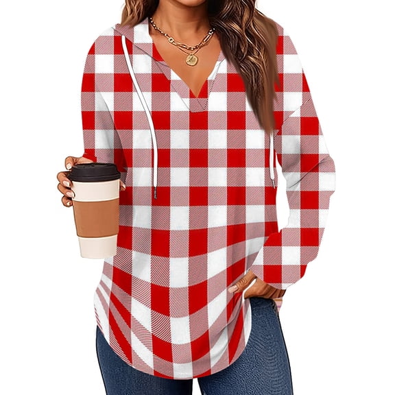 Kixjoy Plaid Shirts for Women Long Sleeve Fashion Drawstring Hoodie Casual Baggy V Neck Tops Lightweight Cozy Fall Shirts for Women, Vermilion M