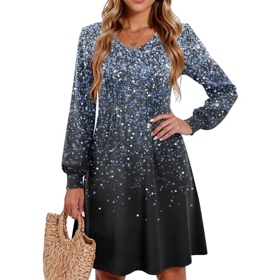 Kixjoy Pleated Dress for Women Long Sleeve Pleated V Neck Dress Trendy Party Floral Print Cozy Tunic Dress Lightweight A Line Winter Outfits for Women, Dark Blue M