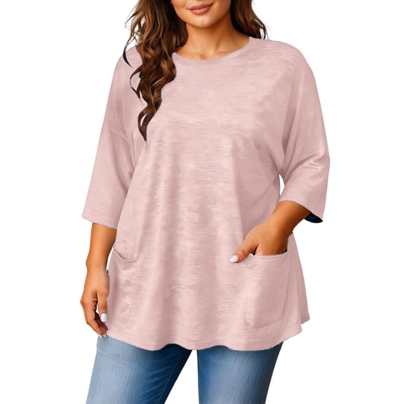 Kixjoy Plus Size 3/4 Sleeve Tops for Women Casual Crew Neck Shirt Baggy Work Soild Tunic Tops Fashion Wear with Leggings Fall Blouses for Women, Pink 4XL