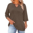 thumbnail image 1 of Kixjoy Plus Size 3/4 Sleeve Tops for Women Casual Crewneck Shirts Loose Fit Work Soild Top Fashion Hollow Summer Blouses for Women, Brown L, 1 of 3
