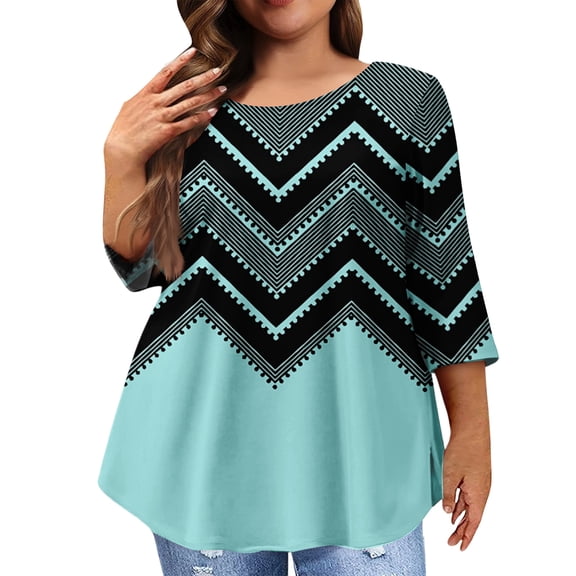 Kixjoy Plus Size Fall Tops Casual 3/4 Sleeve Loose Fit Shirts Soild Wear with Leggings Crew Neck Blouse Fashion Business Summer Womens Clothes, Cyan 5XL