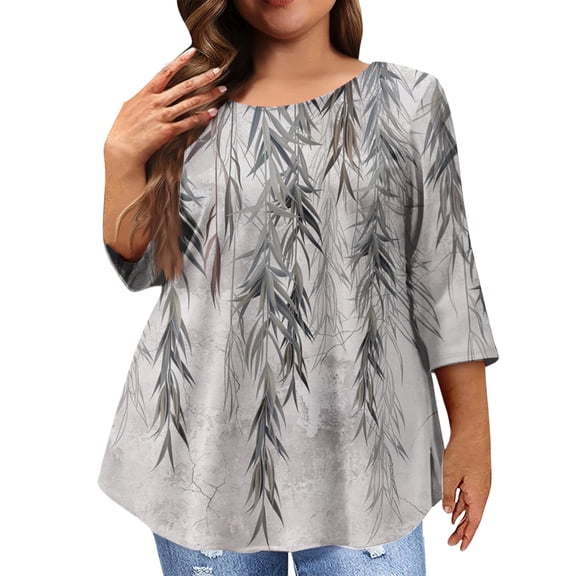 Kixjoy Plus Size Shirts for Women 3/4 Sleeve Crewneck Baggy Shirt Floral Print Wear with Leggings Fashion Blouse Casual Work Summer Shirts for Women, Light Gray 2XL