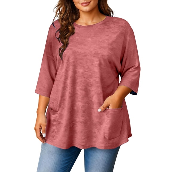 Kixjoy Plus Size Shirts for Women 3/4 Sleeve Crewneck Loose Fit Shirts Basic Wear with Leggings Casual Top Fashion Work Fall Womens Clothes, Watermelon Red L