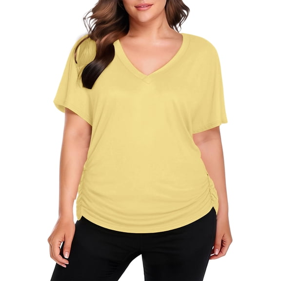 Kixjoy Plus Size Short Sleeve Tops for Women Fashion V Neck Shirt Baggy Work Basic Top Casual Wear with Leggings Summer Womens Tops, Yellow 2XL