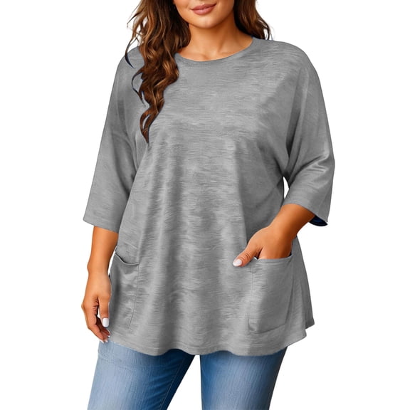 Kixjoy Plus Size Tunic Tops for Women 3/4 Sleeve Crew Neck Baggy Shirts Basic Wear with Leggings Casual Top Fashion Business Summer Womens Clothes, Gray 5XL