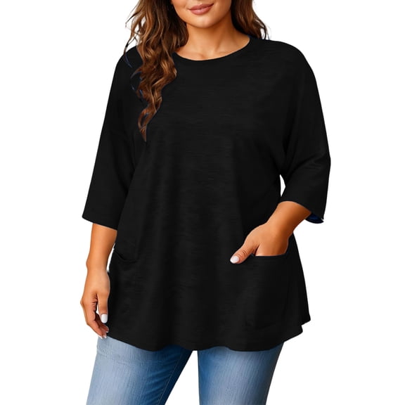 Kixjoy Plus Size Tunic Tops for Women Casual 3/4 Sleeve Loose Fit Shirt Basic Wear with Leggings Crewneck Blouse Fashion Work Fall Outfits for Women, Black 3XL