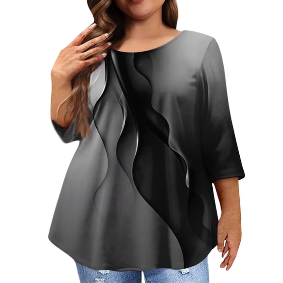 Kixjoy Plus Size Tunic Tops for Women Fashion 3/4 Sleeve Baggy Shirts Soild Wear with Leggings Crewneck Top Casual Business Summer Womens Tops, Dark Gray 5XL
