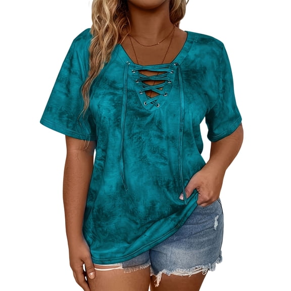 Kixjoy Plus Size Tunic Tops for Women Fashion Short Sleeve Loose Fit Shirt Tie Dye Hollow V Neck Blouse Casual Work Fall Womens Tops, Dark Blue 3XL