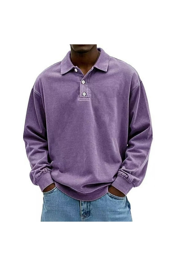 Polo Shirts for Men Oversized Long Sleeve Polo Shirt Collared Button Down Winter Pullovers Casual Lightweight Basic Collared Shirt Men, Purple XL