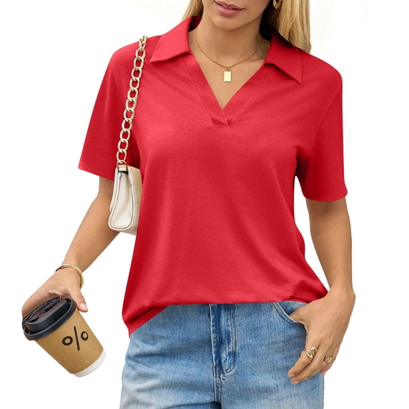 Kixjoy Polo Shirts for Women Short Sleeve Casual V Neck Collared Shirt Fashion Work Basic Polo Shirts Soft Lightweight Spring Blouses for Women, Vermilion XXL