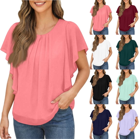 Kixjoy Puff Sleeve V Neck Shirts for Women Trendy Lightweight Casual Shirt Plain Cozy Tunic Shirt Fashion Fall Shirt for Women, Watermelon Red S