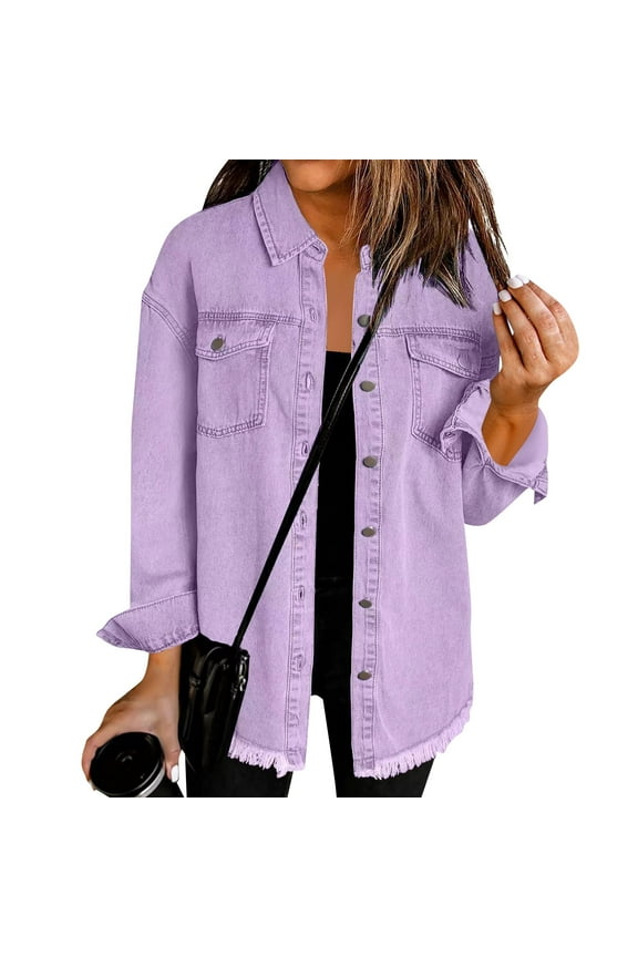 Purple Jean Jacket Women Plus Size Button Down Denim Jackets Fashion Winter Long Shirt Casual Lightweight Loose Fit Denim Shacket Women with Pockets, Purple S