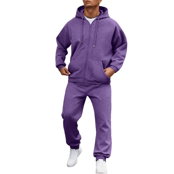 Kixjoy Purple Sweatsuits for Men Zip up Sweatshirt and Sweatpants Set Oversized Casual Winter Sweatsuit Soild Long Sleeve Thermal Tracksuits for Men with Pockets, Purple 3XL